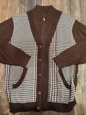Men's Brown Houndstooth Long Sleeve Zip Up Cardigan